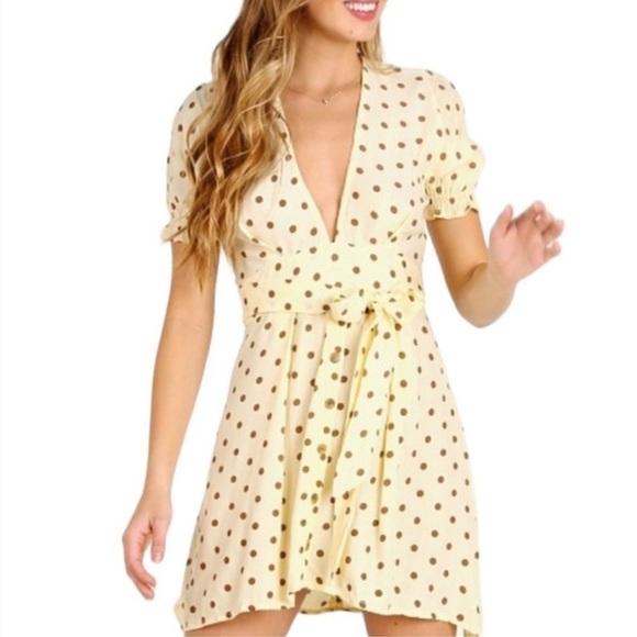 Faithfull the Brand Vanelli Mini Dress Sylve Dot Print Lemon 8 Cream Brown Dot - Picture 1 of 16